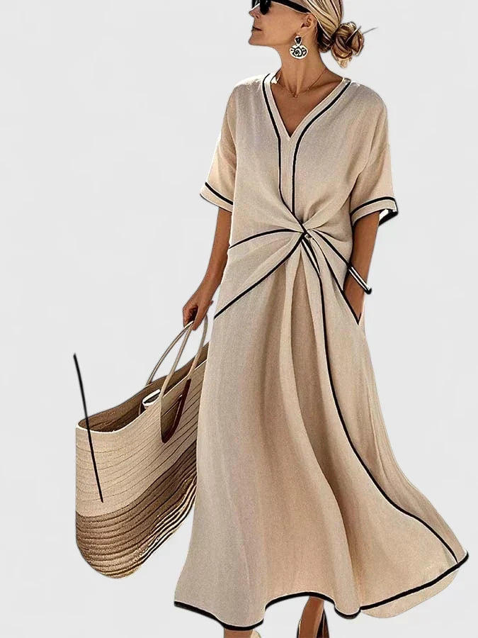 V-Neck Contrast Trim Twist Front Maxi Dress