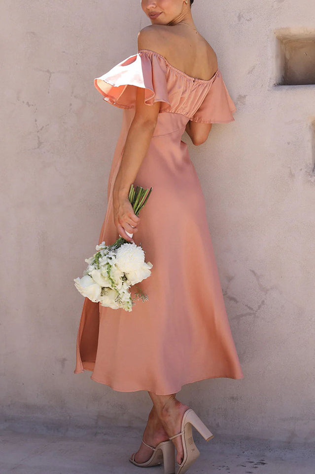 Satin Off Shoulder Puff Sleeve High Split Midi Dress 10