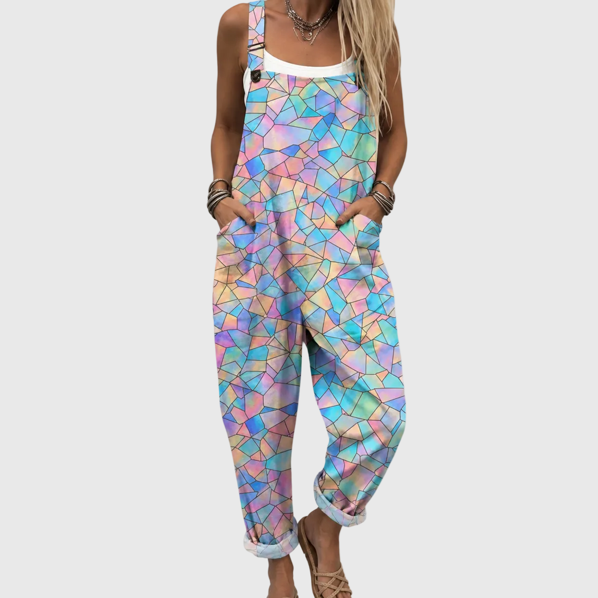 Mosaic Geometric Print Sleeveless Wide Leg Overall Jumpsuit