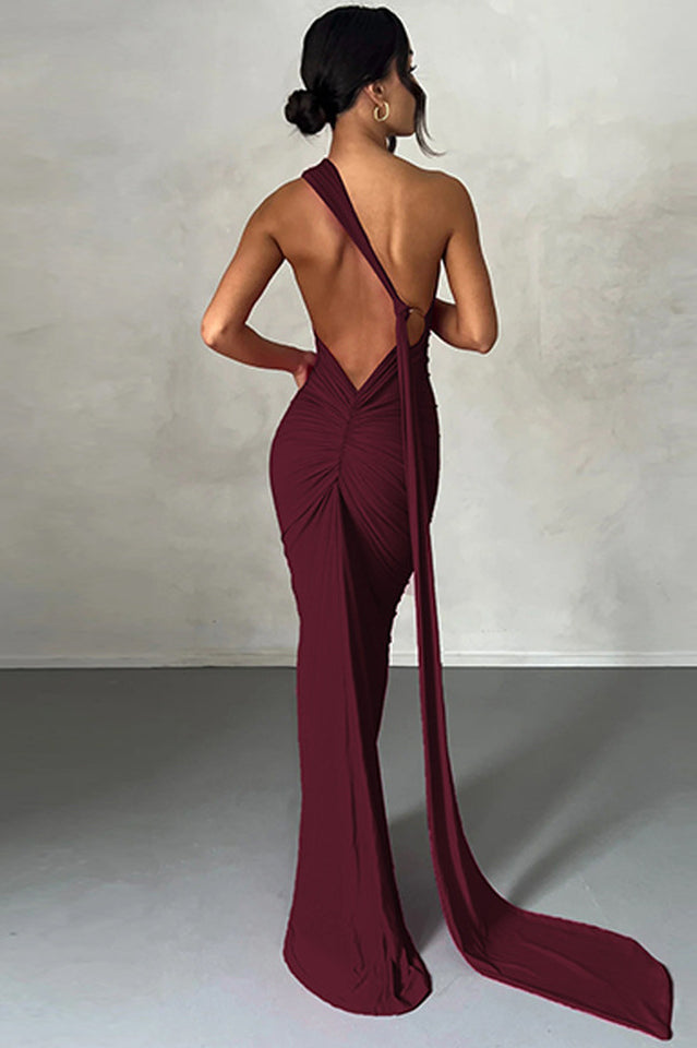 One Shoulder Ruched Open Back Trailing Sash Floor Length Gown