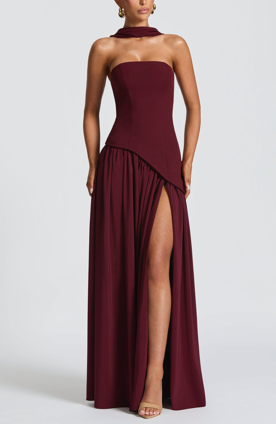 Strapless Asymmetric Drop Waist High Split Maxi Dress with Scarf 25