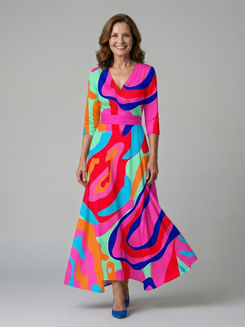 Floral V-Neck Wrap Three Quarter Sleeve Satin Maxi Dress