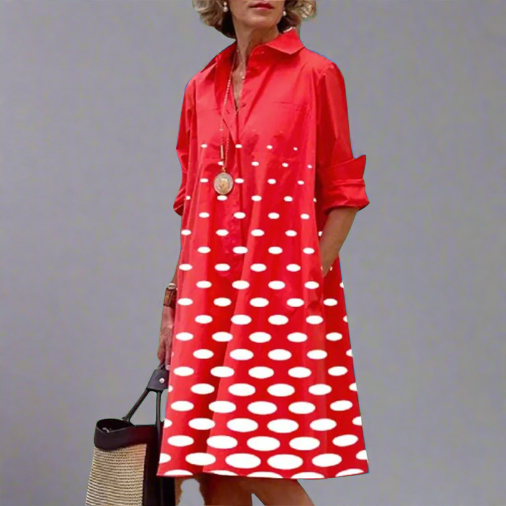 Zosia - Women’s Retro Long Sleeve Pocket Dress Red