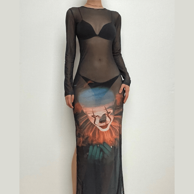 Clown Print Sheer Mesh Long Sleeve Side Slit Maxi Dress