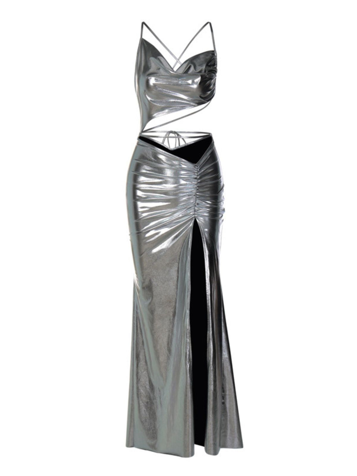Metallic Spaghetti Strap Cut Out Waist High Split Maxi Prom Dress