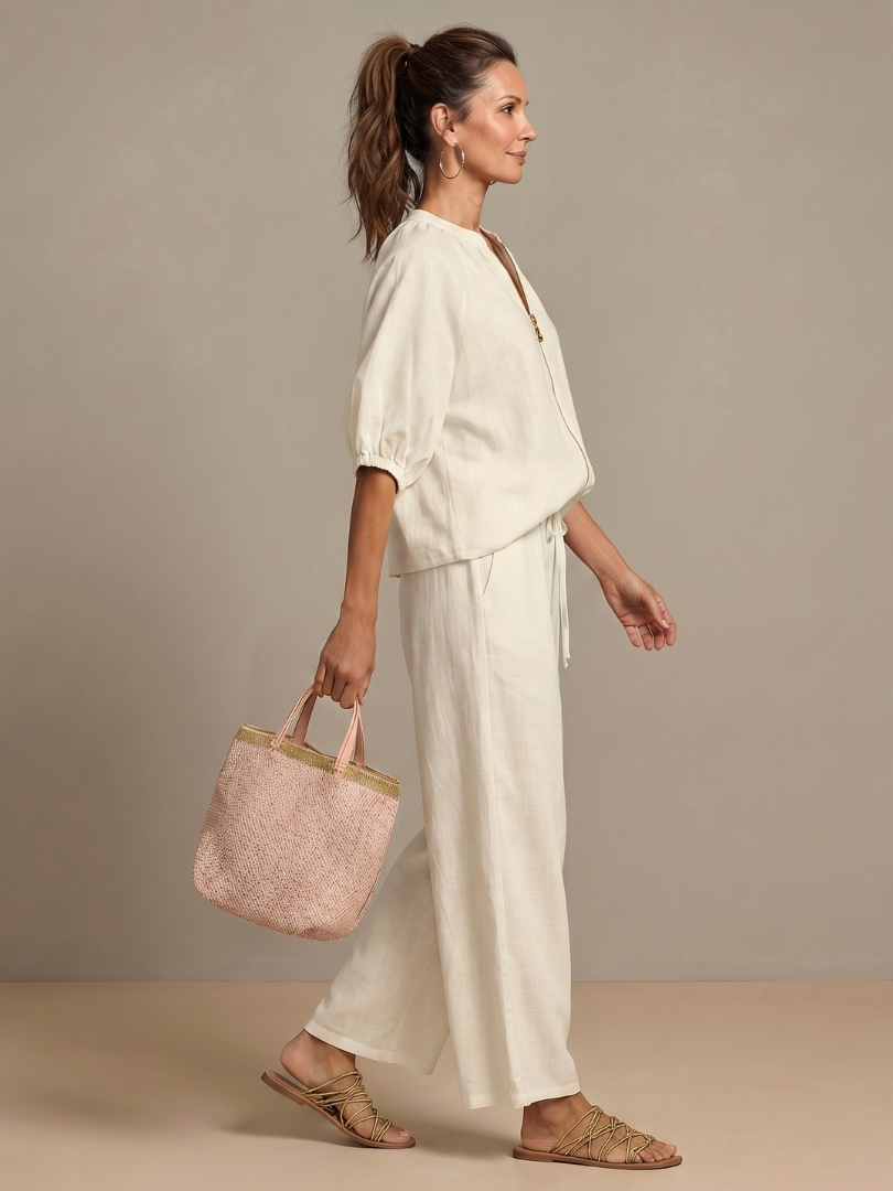 Puff Sleeve Zip Front Top and Wide Leg Pants Two Piece Set