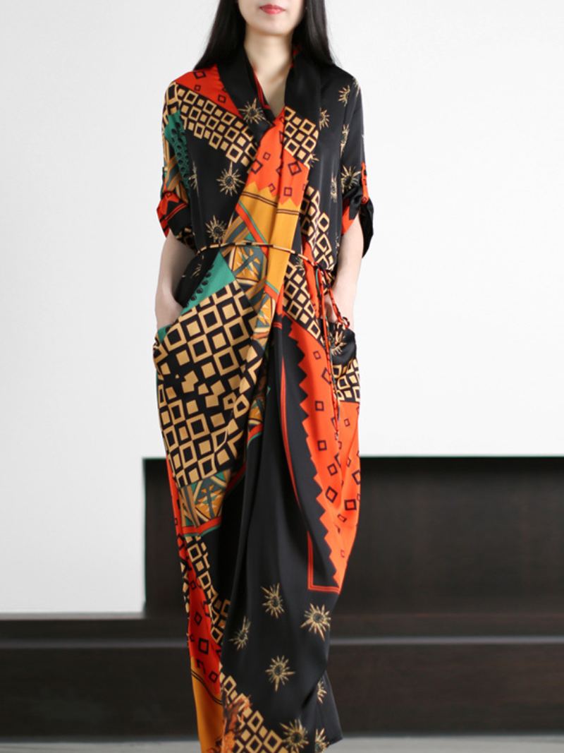 Geometric Print V-Neck Short Sleeve Draped Tie Waist Maxi Dress 2