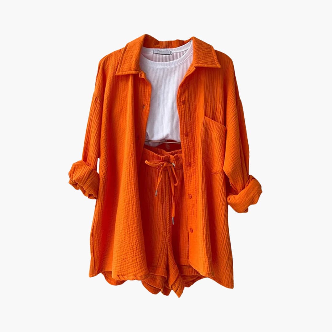 Button Front Shirt and Drawstring Shorts Two Piece Set