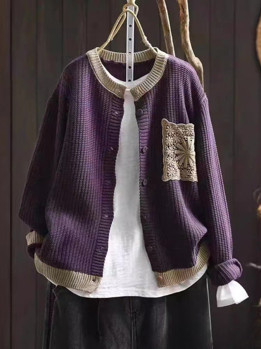 Round Neck Button Front Crochet Pocket Knit Cardigan