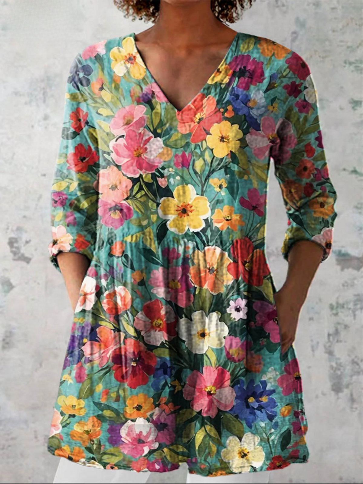 Floral Print V-Neck Long Sleeve Pleated Tunic Top