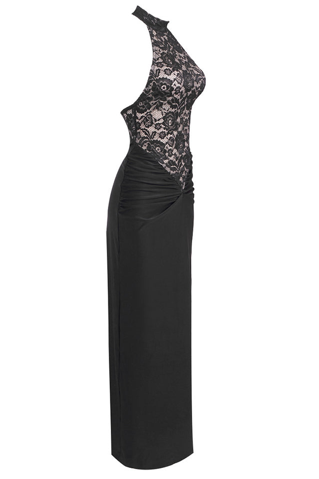 Lace Halter Neck Backless Ruched Mermaid Gown