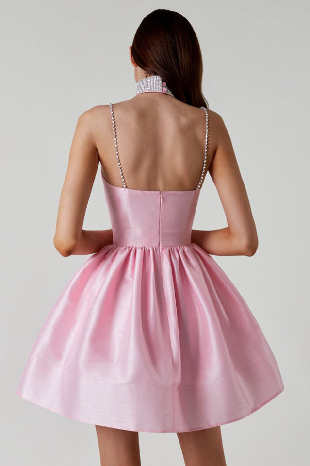 Rhinestone Spaghetti Strap Sweetheart Pleated Fit and Flare Mini Dress