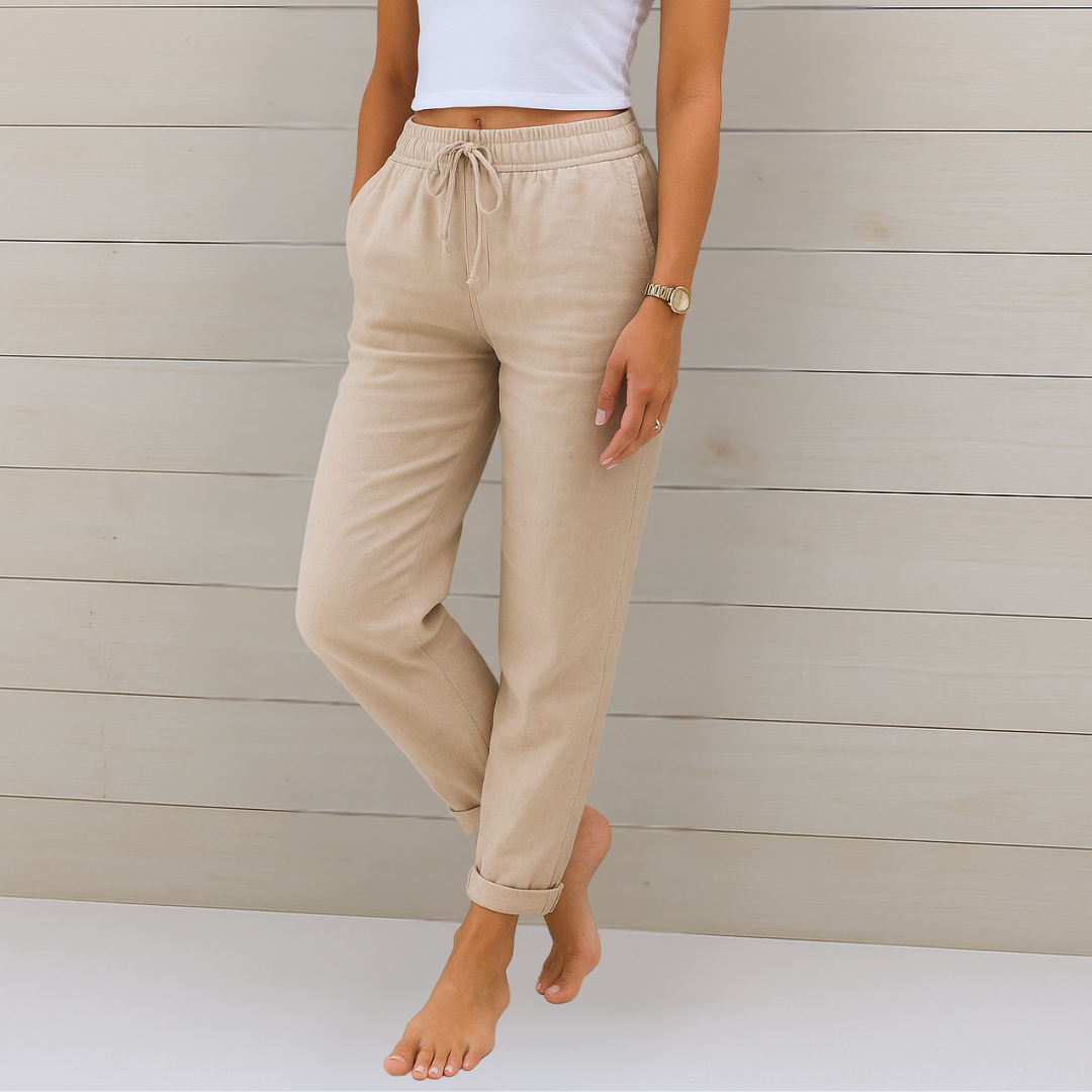 High Waist Drawstring Linen Look Tapered Pants