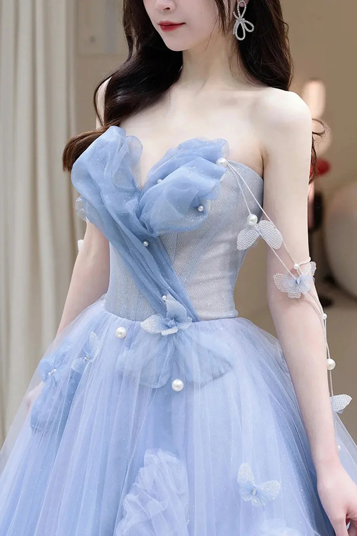 A Line Blue Tulle Long Prom Dress, Strapless Long Blue Beaded Tulle Formal Evening Dresses fg4442