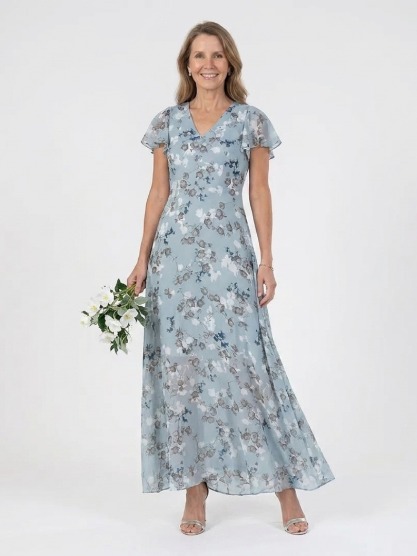 Floral Print V-Neck Flutter Sleeve A-Line Maxi Dress