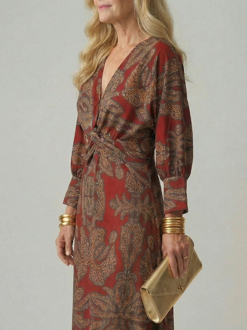 Paisley Print V-Neck Twist Front Long Sleeve Midi Dress