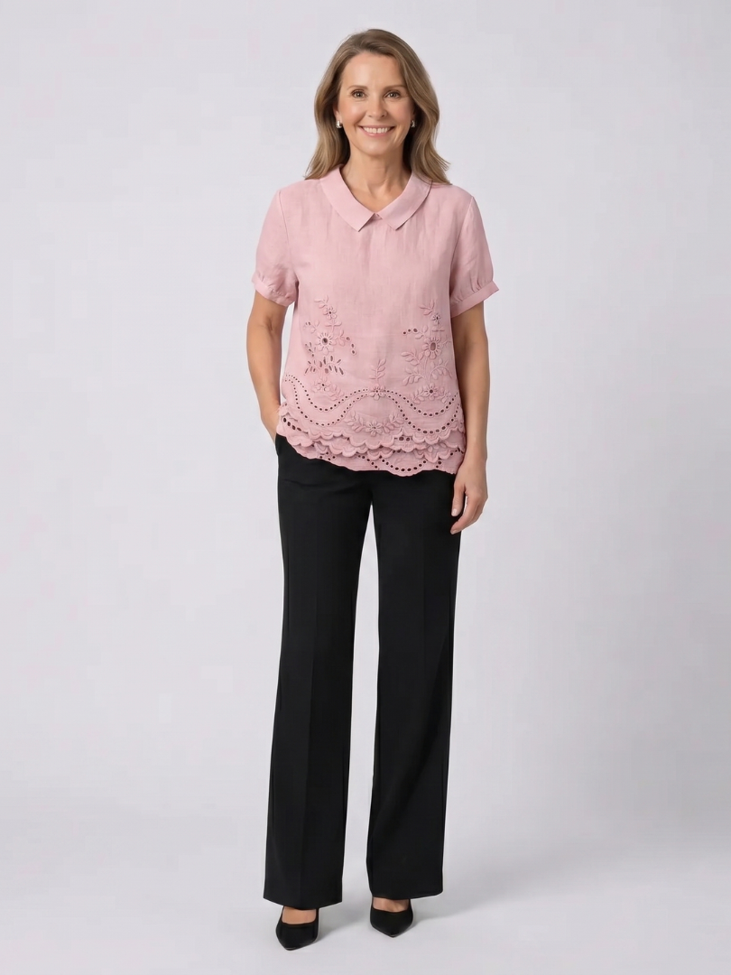 Collared Short Sleeve Eyelet Embroidered Scalloped Hem Blouse