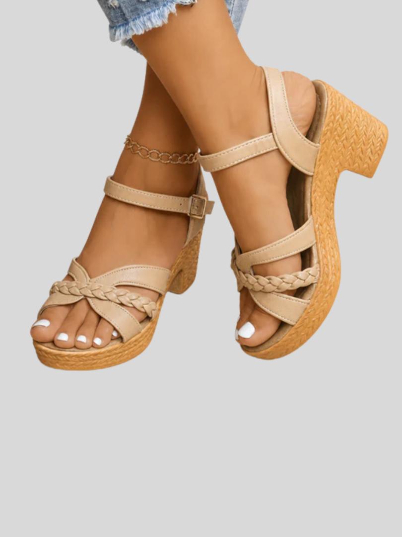 Open Toe Braided Strap Ankle Strap Block Heel Sandals