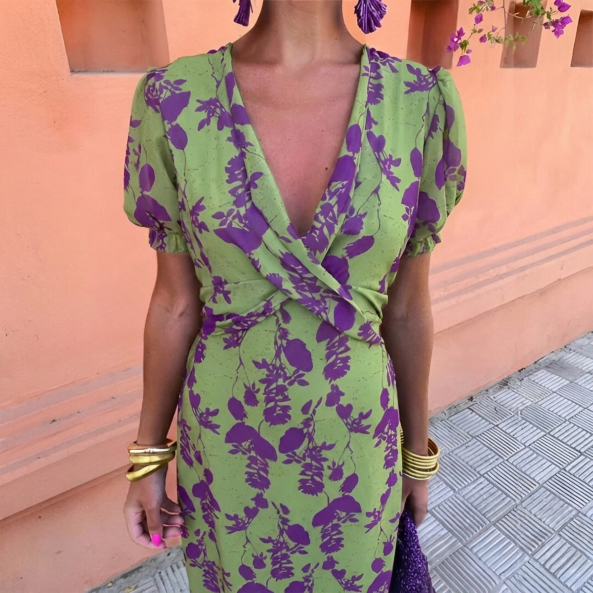 Floral Print V-Neck Puff Sleeve Wrap Midi Dress