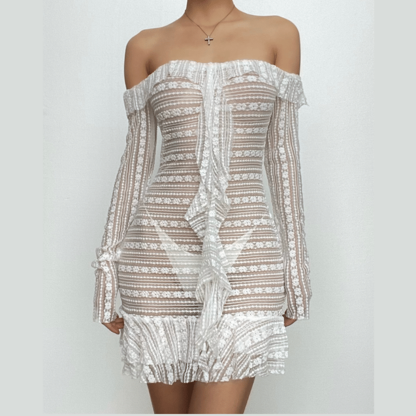 Lace see through off shoulder ruffle long sleeve solid mini dress