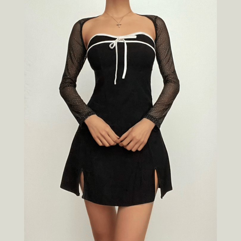 Bow Front Strapless Split Hem Mini Dress and Glitter Mesh Shrug Two Piece Set