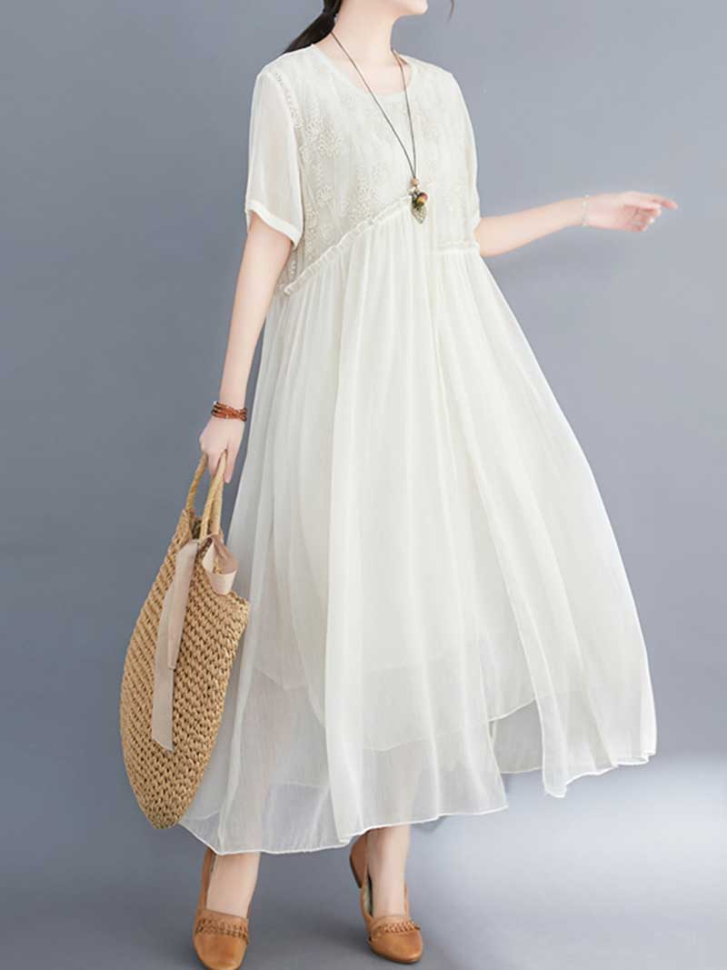 Lace Bodice Sheer Overlay Empire Waist Handkerchief Hem Midi Dress