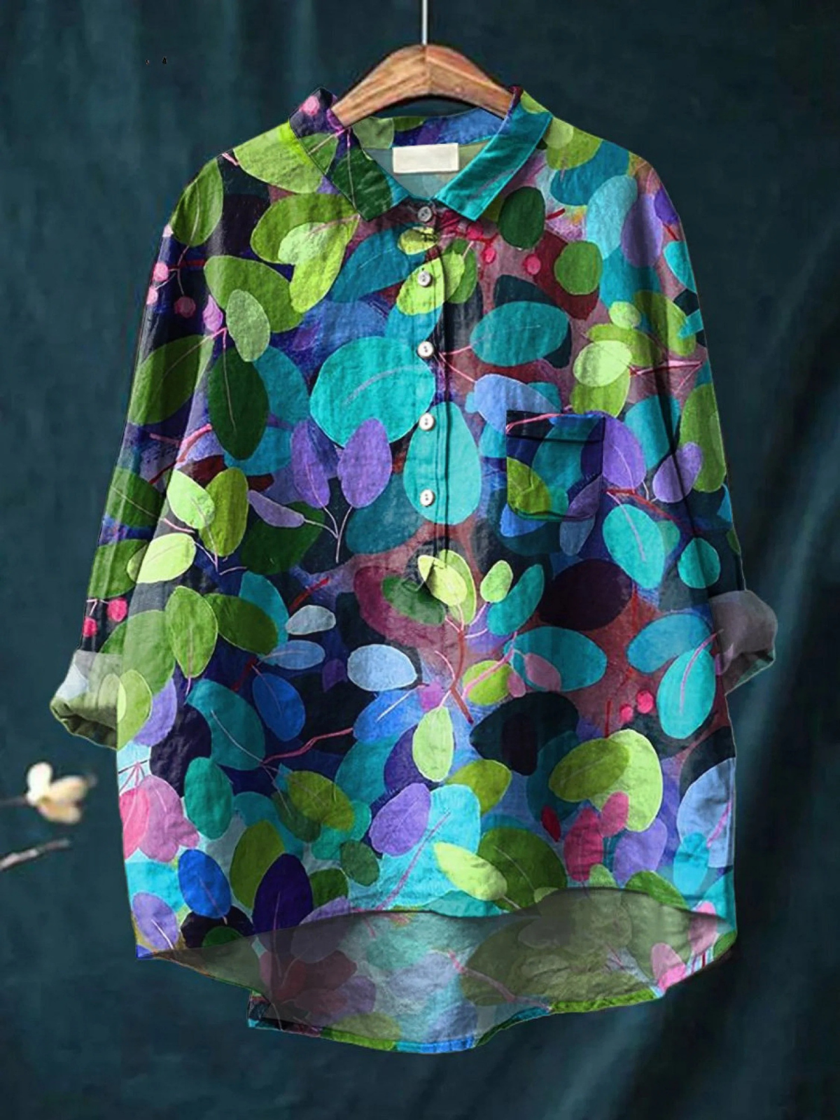 Leaf Print Long Sleeve Button Front High Low Blouse