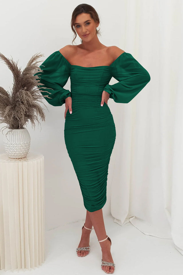 Square Neck Sheer Mesh Long Sleeve Ruched Bodycon Midi Dress 10