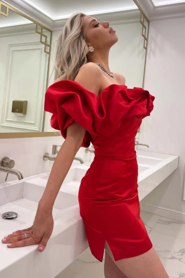 Off Shoulder Ruffle Peplum Corset Structured Satin Mini Dress