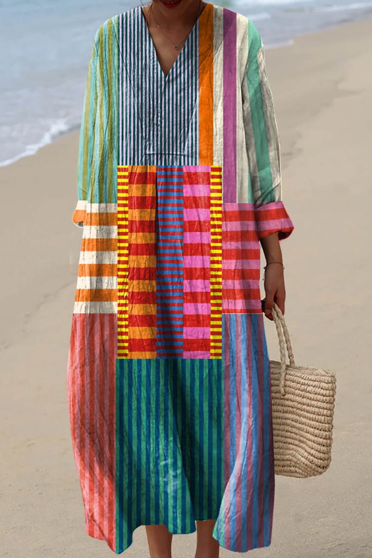 Striped Patchwork Print V-Neck Long Sleeve Maxi Dress