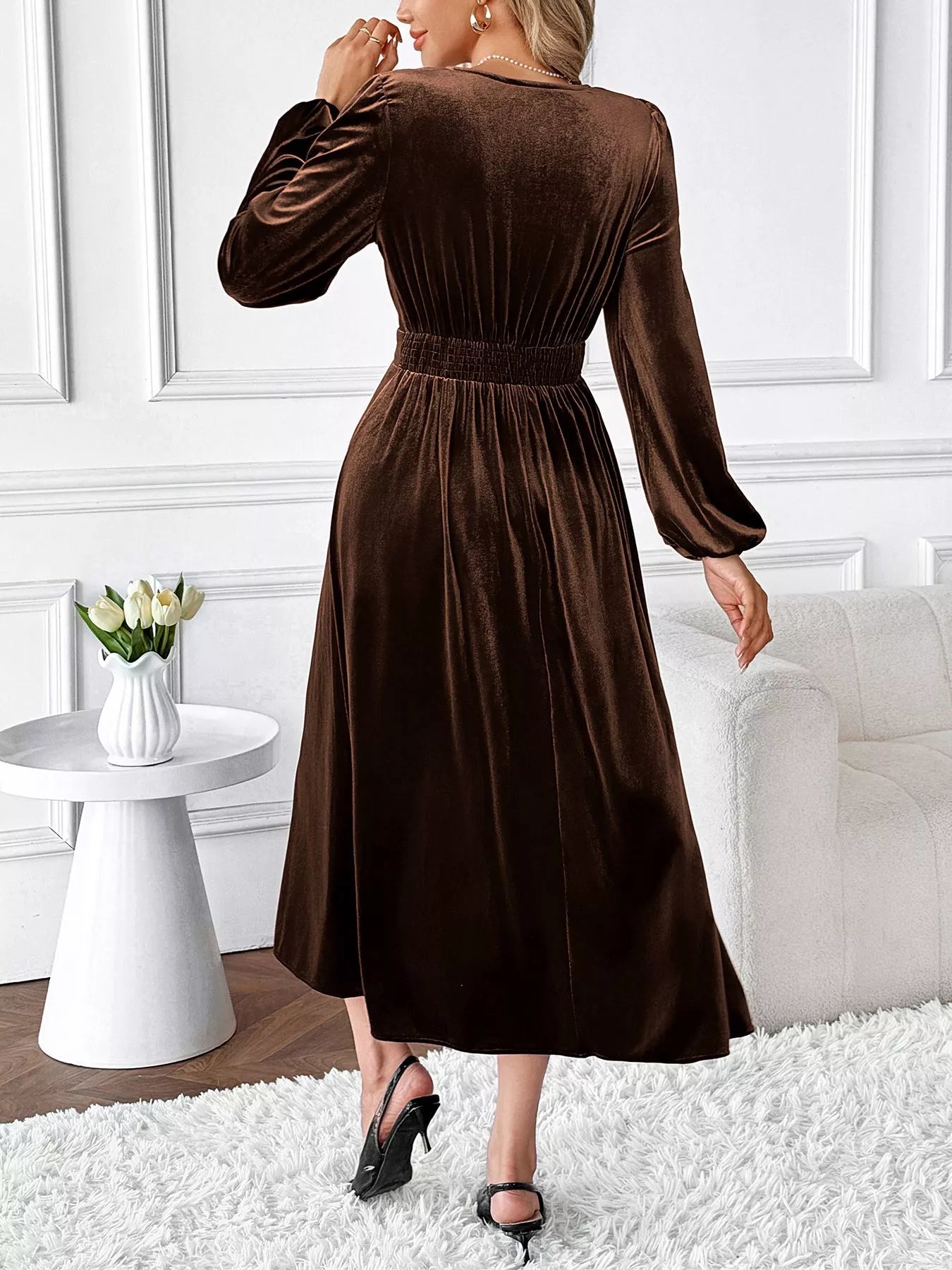Velvet A-Line Dress with Lace Trim