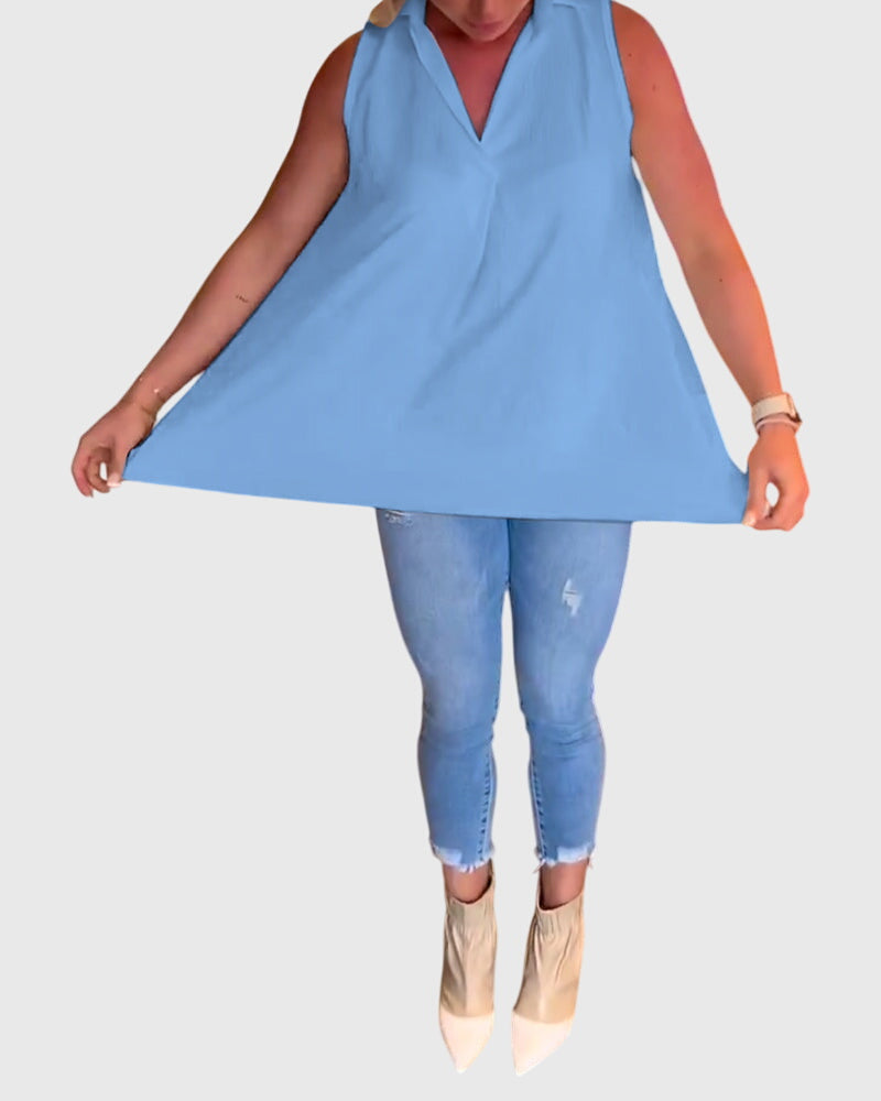 Collared Sleeveless High Low Blouse