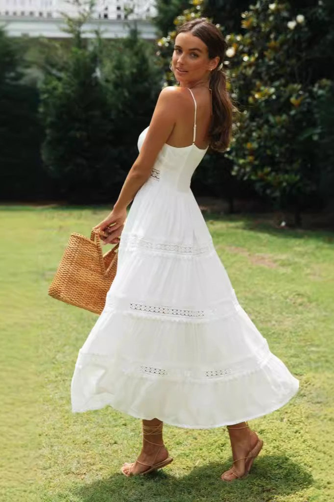 Spaghetti Strap Lace Trim Tiered A-Line Boho Midi Dress