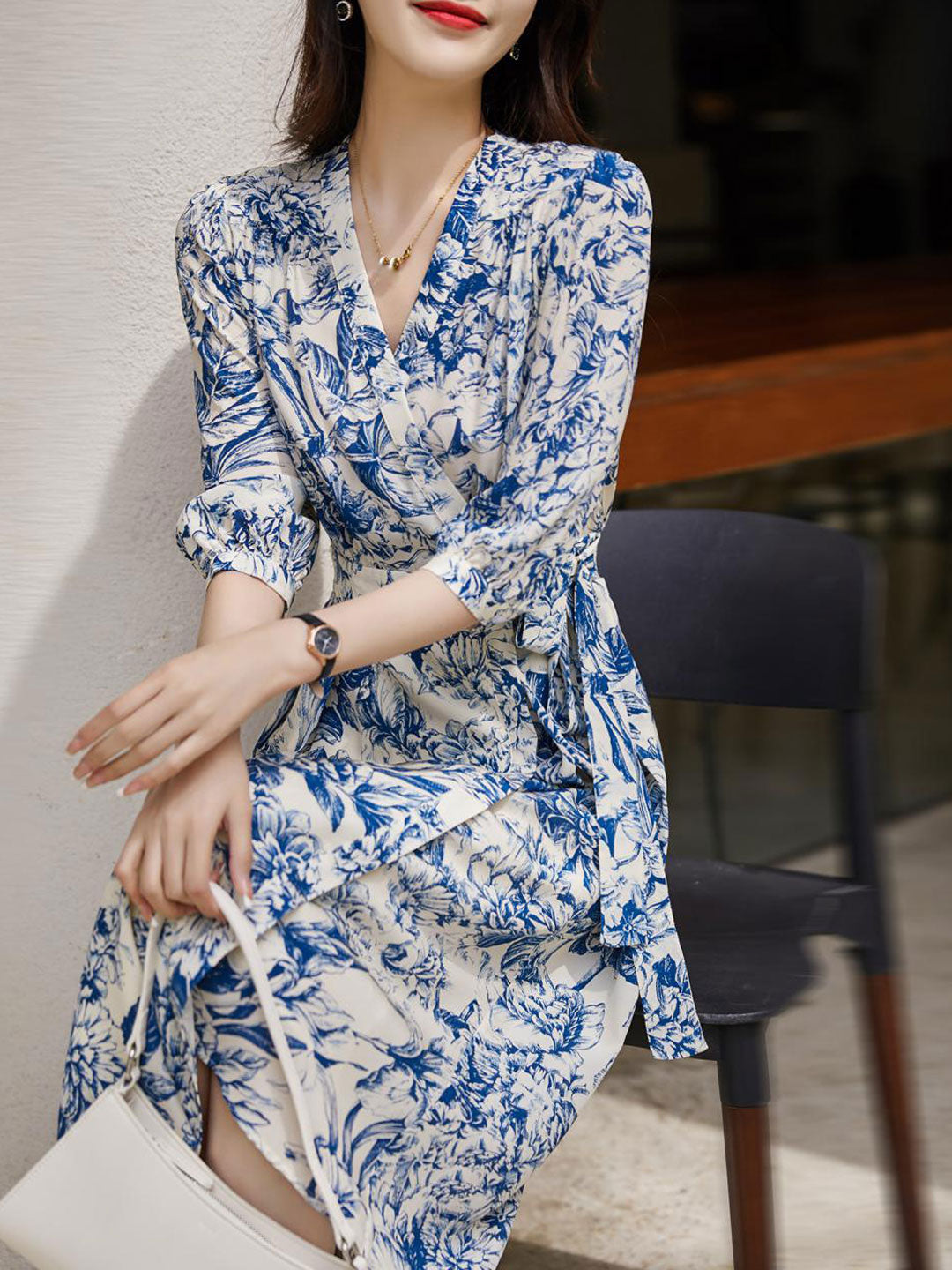 Toile Floral Print Wrap V-Neck Puff Sleeve Tie Waist A-Line Midi Dress