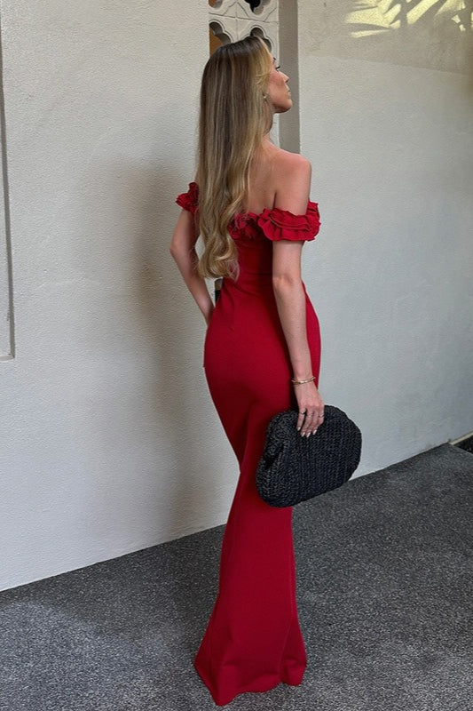 Off Shoulder Ruffle Trim Tie Front Bodycon Maxi Dress