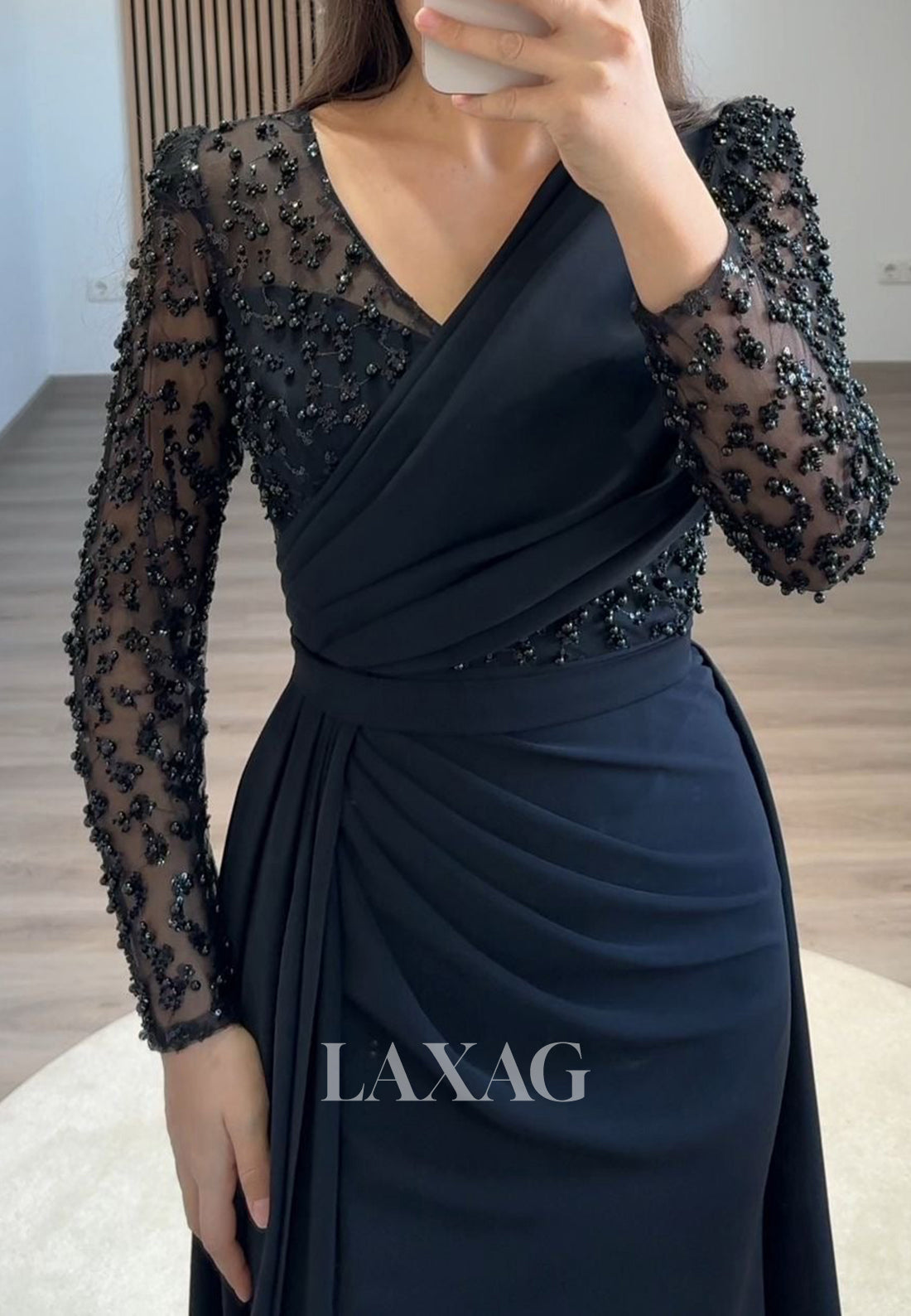 V-Neck Long Sleeves Mermaid Prom Dress Beaded Pleated Chiffon Formal Fowns with Overskirt