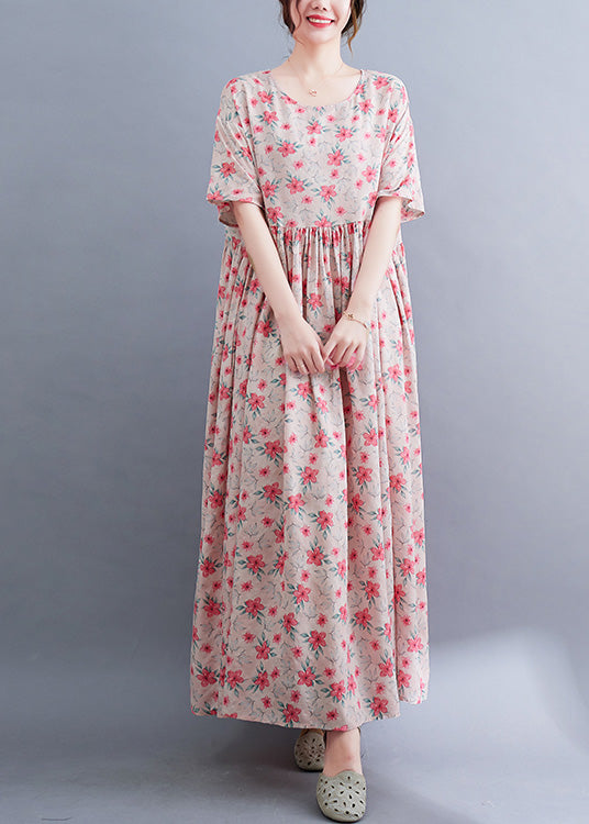 Floral Print Round Neck Short Puff Sleeve Empire Waist Pocket Maxi Dress