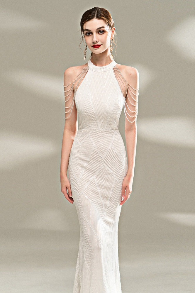 Sequin Halter Neck Fringe Trim Mermaid Maxi Gown