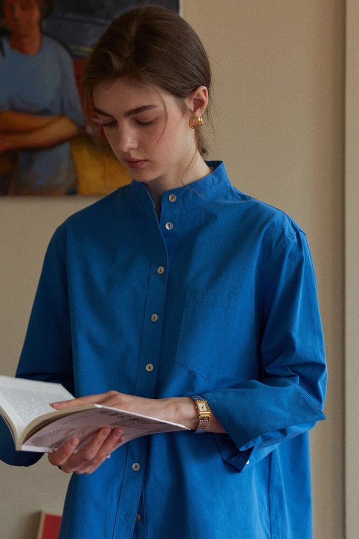 Cotton Mandarin Collar Long Sleeve Top