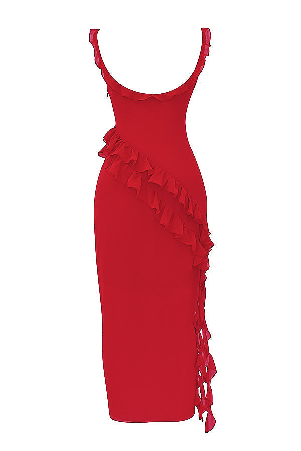 Chiffon Square Neck Ruffle Strap High Split Maxi Gown