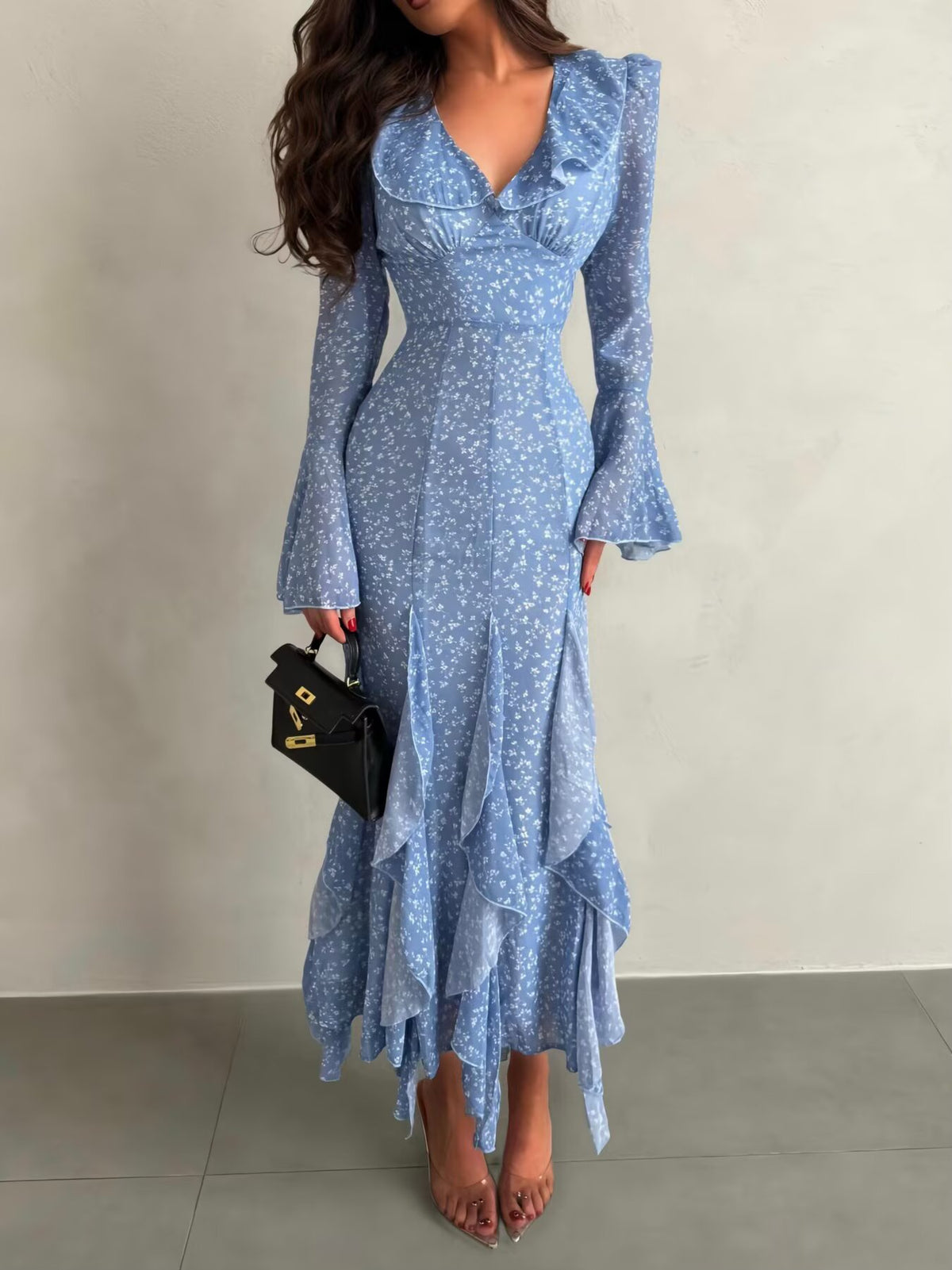 Ditsy Floral V-Neck Ruffle Trim Bell Sleeve Tiered Ruffle Maxi Dress 2