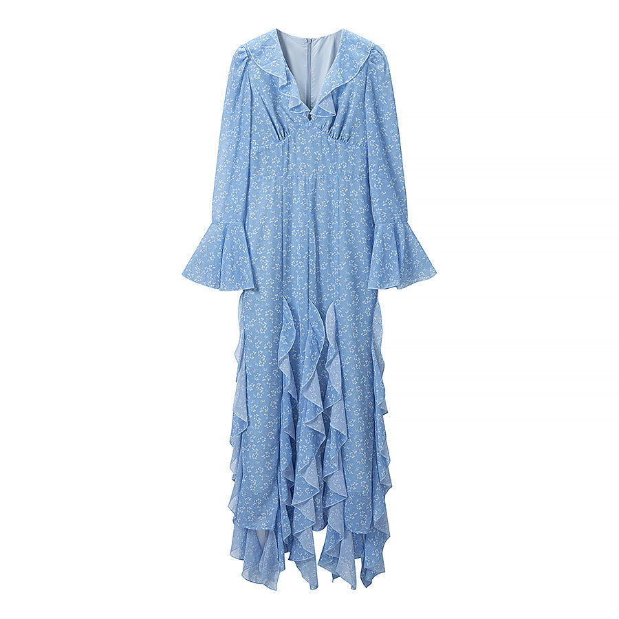 Ditsy Floral V-Neck Ruffle Trim Bell Sleeve Tiered Ruffle Maxi Dress 6