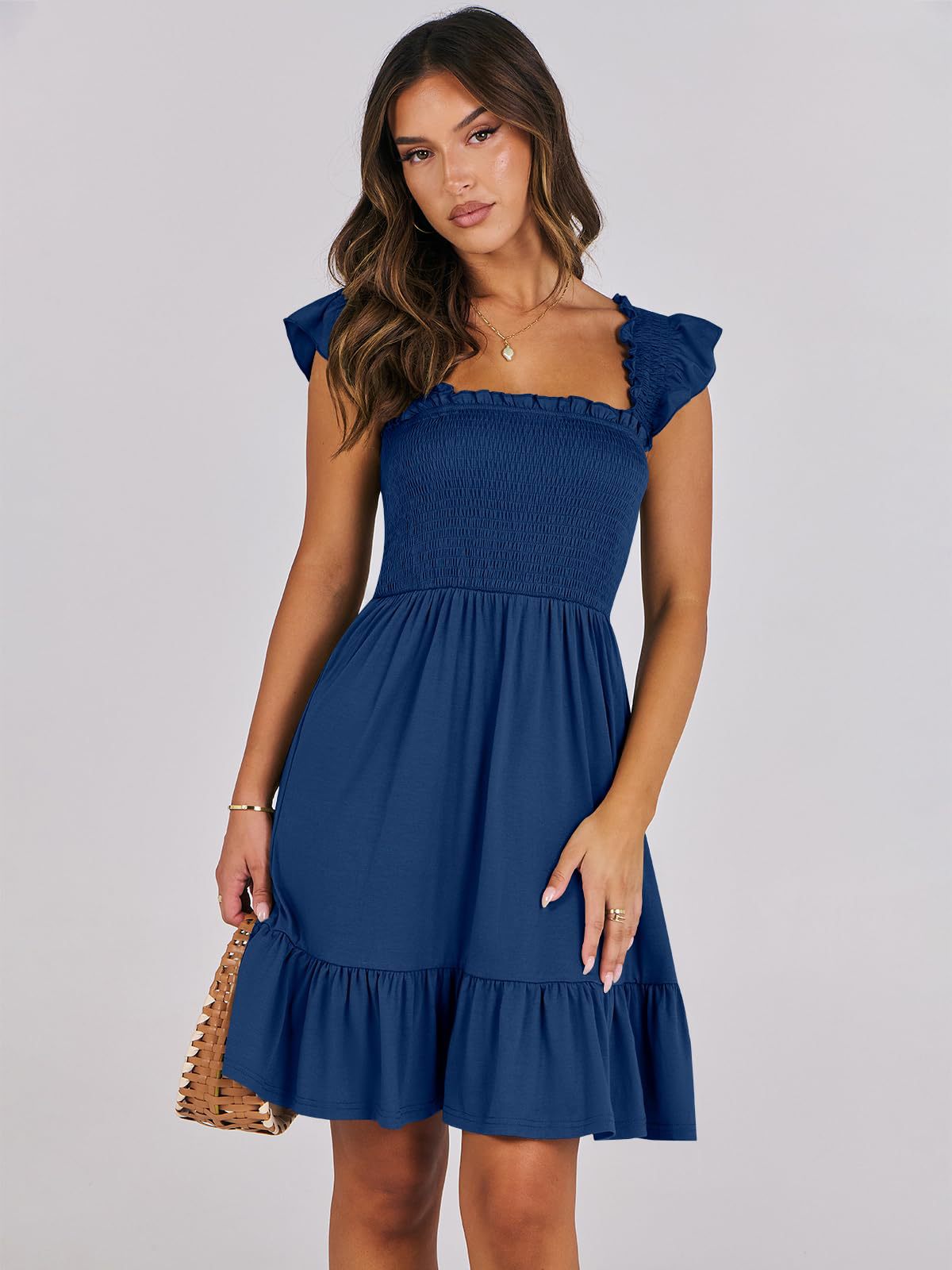 Smocked Square Neck Flutter Strap Ruffle Hem Mini Dress
