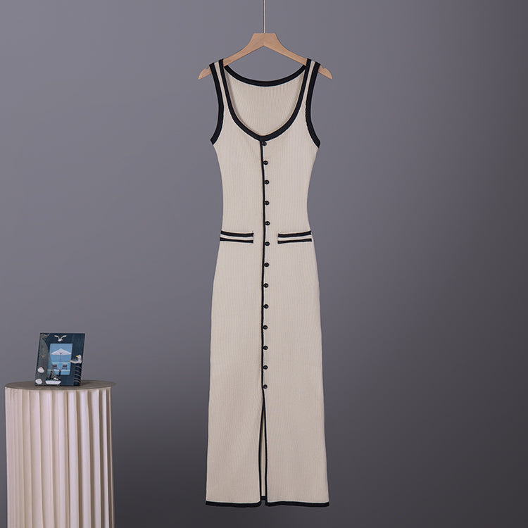 Ribbed Knit Contrast Trim Scoop Neck Sleeveless Button Front Slit Midi Dress 5