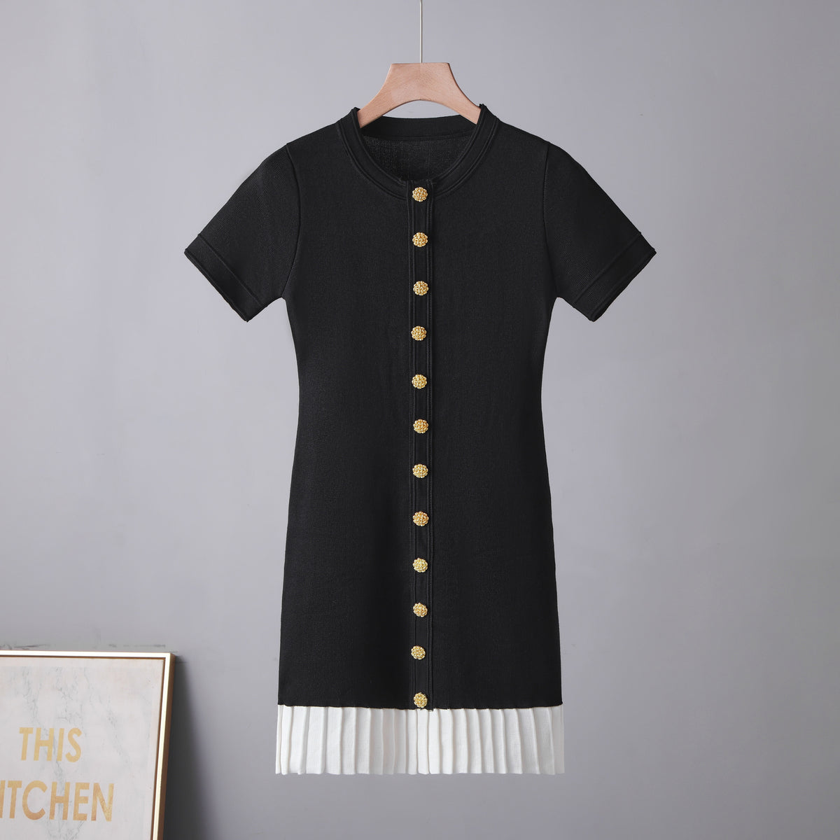 Knit Crew Neck Short Sleeve Button Front Contrast Pleated Hem Mini Dress 2