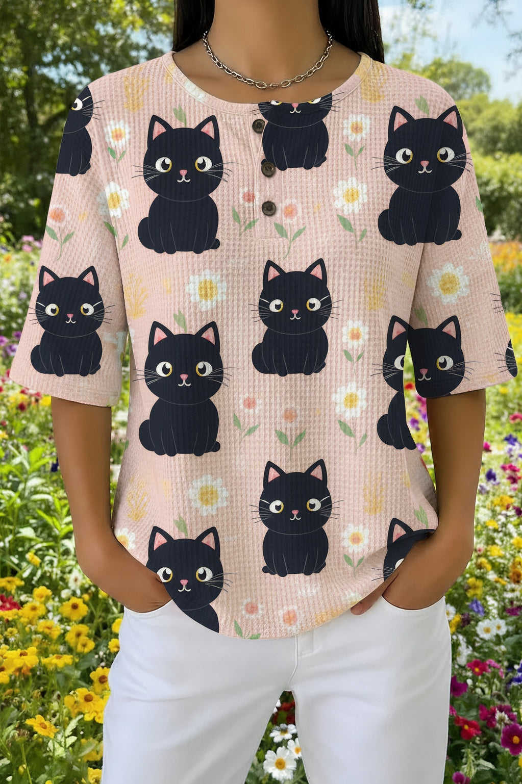 Womens Pink Black Cat Print Casual Henley Shirt