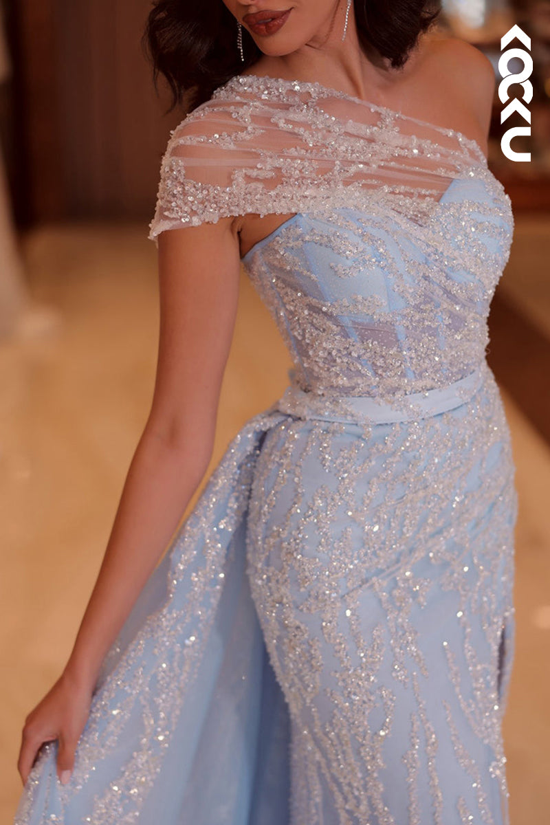 L1212 - Sheath/Column One Shoulder Satin Beaded Sleeveless Prom Evening Formal Dress
