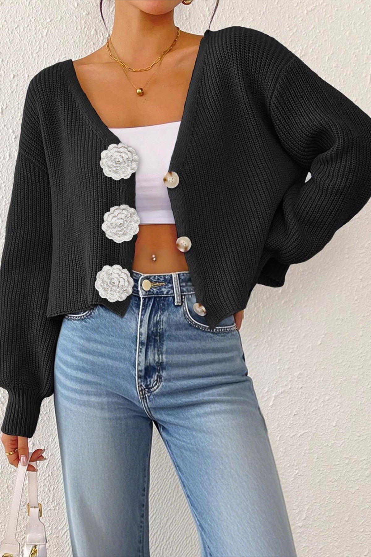 V-Neck Crochet Flower Button Front Ribbed Knit Cropped Cardigan 9