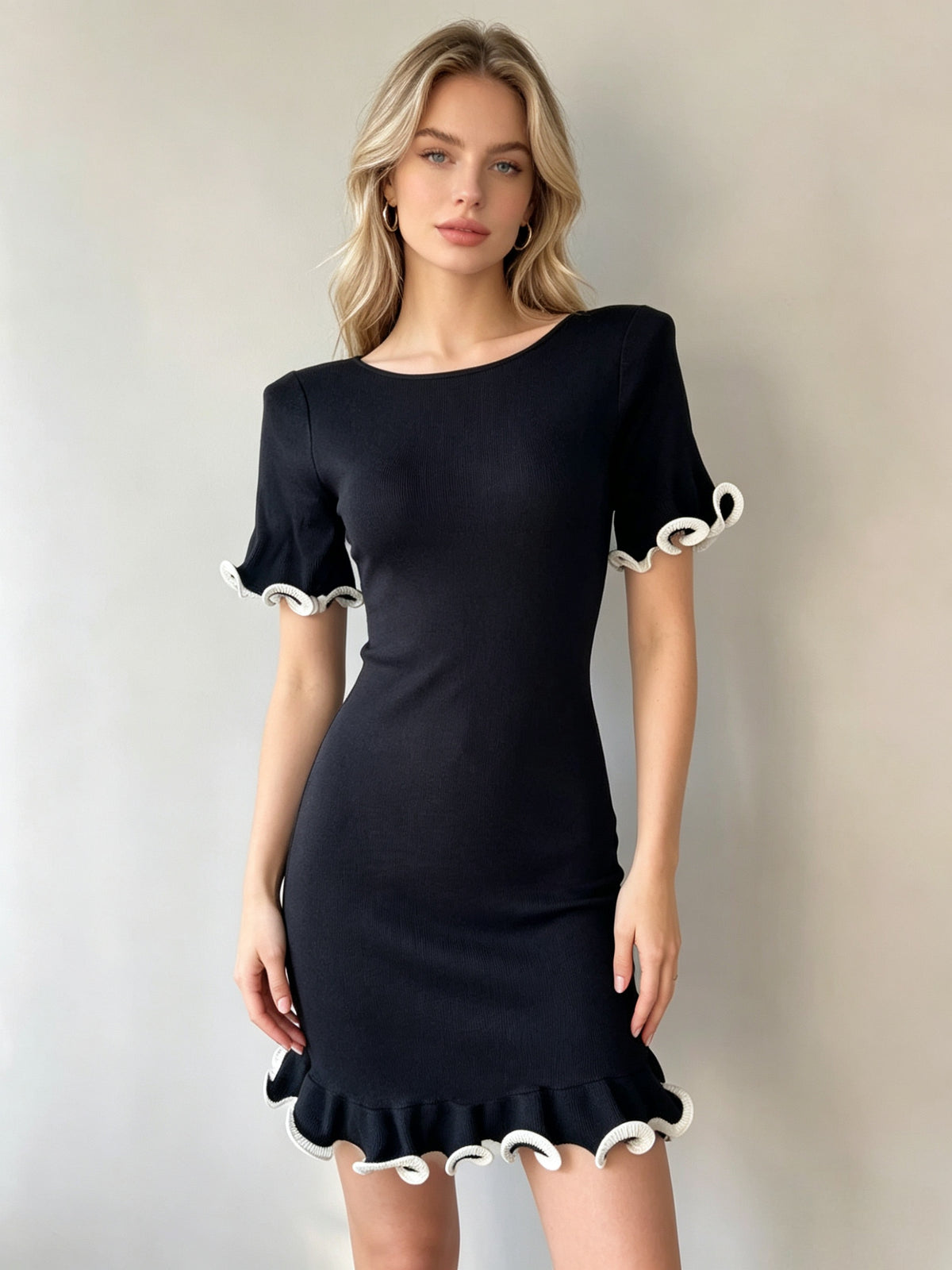 Knit Crew Neck Short Sleeve Ruffle Trim Bodycon Mini Dress 2