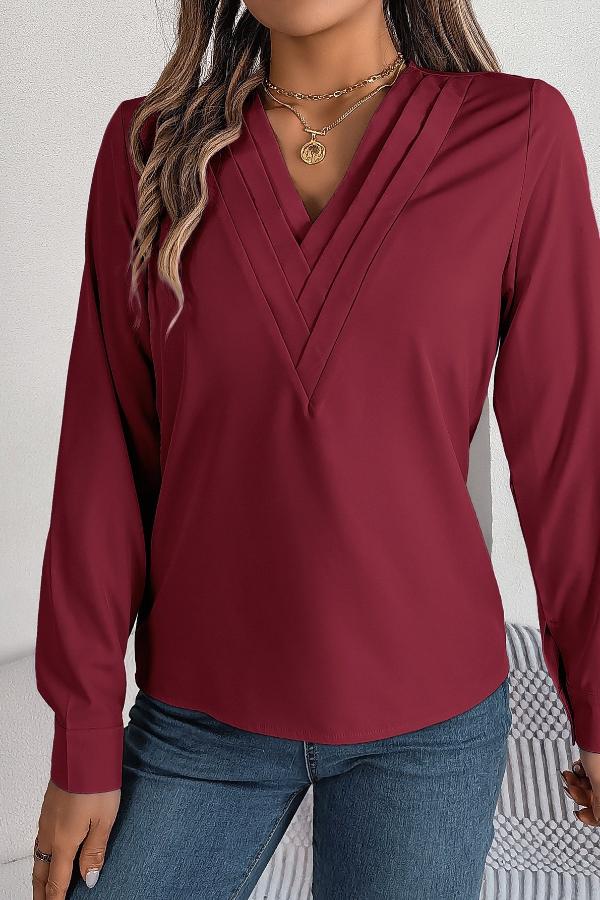 Solid Color Layered V Neck Elegant Long Sleeve Blouse